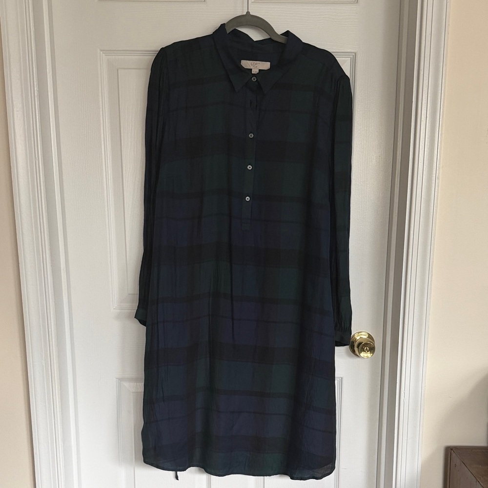 LOFT Navy and Green (Black-watch Plaid)  Long Sleeve Shirt Dress